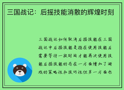 三国战记：后摇技能消散的辉煌时刻